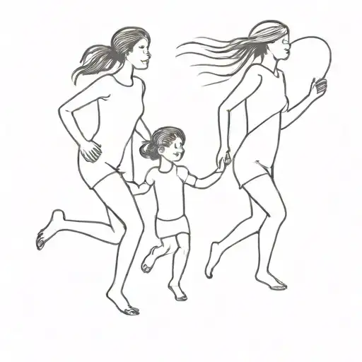 mother running with two children tattoo design idea