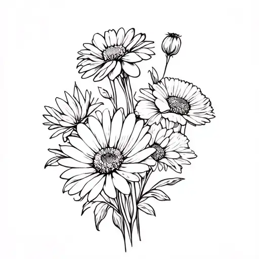 Chrysanthemum, cosmos, daisy And Poppy bouquet tattoo design idea