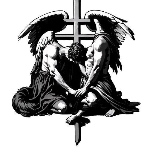 A cross under him an angel bowing his head and his tail hold their hands tattoo design idea