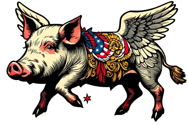 pig with wings flying tattoo design idea
