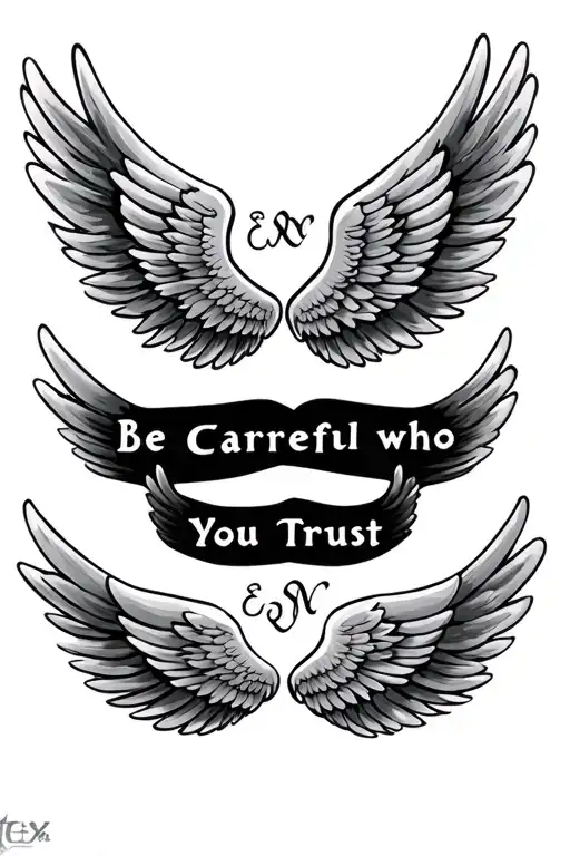 "Be careful who you trust" a set of wings with words inbetween them representing the client's tattoo design idea