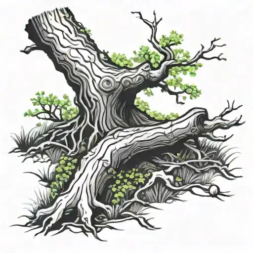 lying, weathered tree trunk with moss, grass and branches tattoo design idea