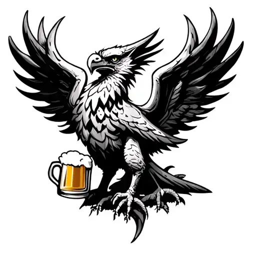 gryphon holding a mug if beer in front of the world tree tattoo design idea