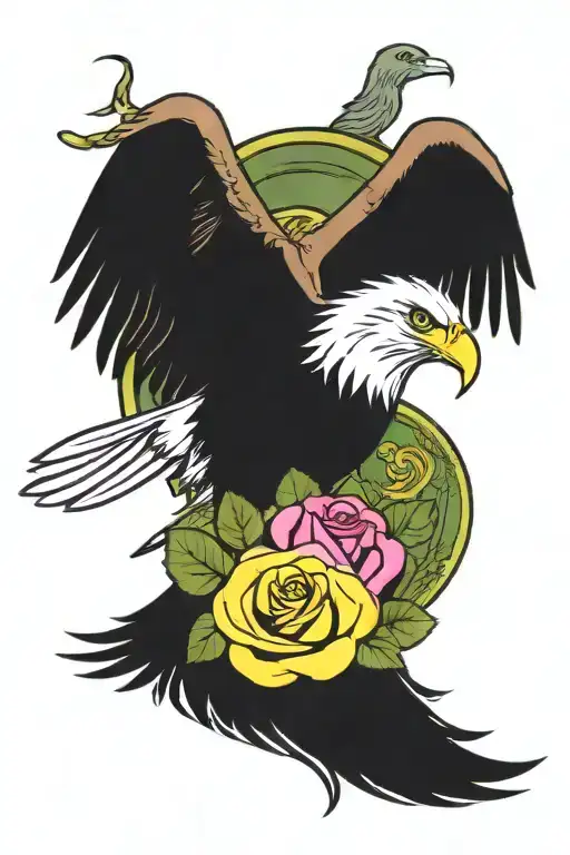 lime green and pink cancer ribbon with yellow rose and bald eagle tattoo design idea