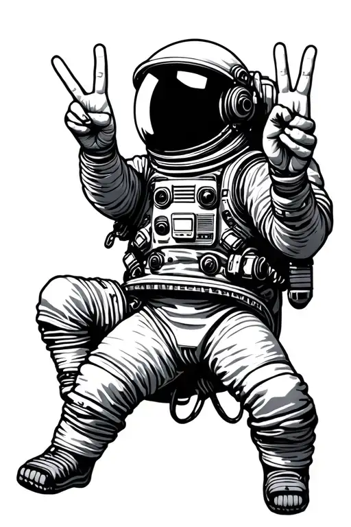 astronaut floating holding peace sign tattoo design idea