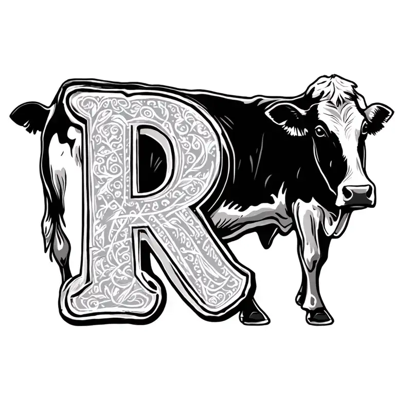 cow tag with the letter R tattoo design idea