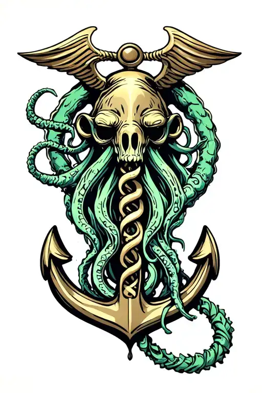 Cthulhu emerging,  Anchor with Corpsman Caduceus tattoo design idea