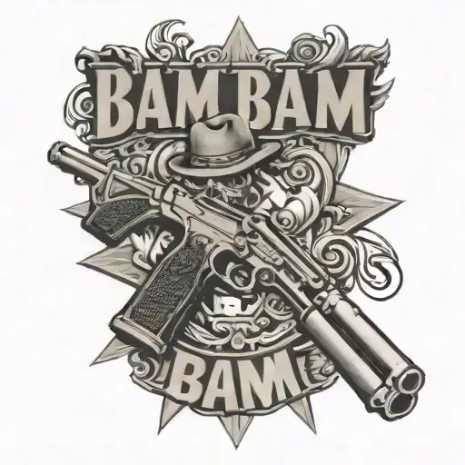 Name Bam Bam with a cross and a gun  tattoo design idea