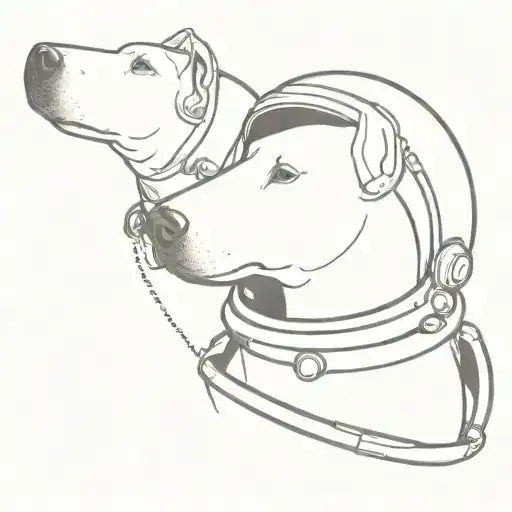 white Bull terrier floating in space with a space helmet, looking through a telescope tattoo design idea