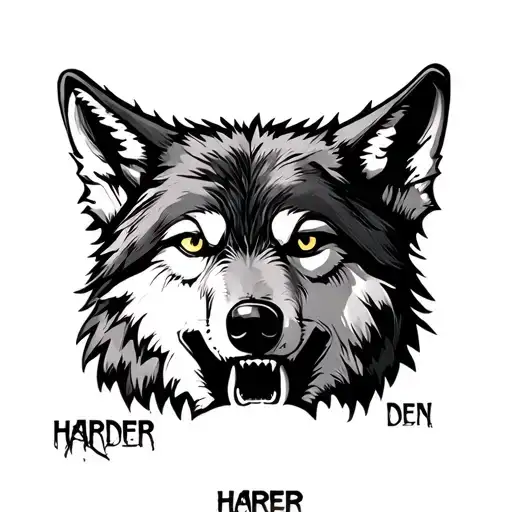 wolf with mouth open with words inside saying harder den hard tattoo design idea