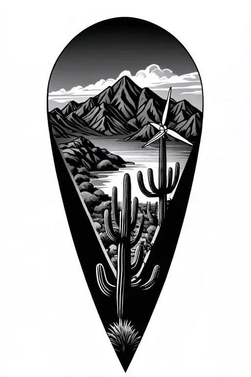 Inside of 3 staggered triangles put palm springs mountains with windmills and cactus tattoo design idea