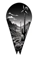 Inside of 3 staggered triangles put palm springs mountains with windmills and cactus tattoo design idea