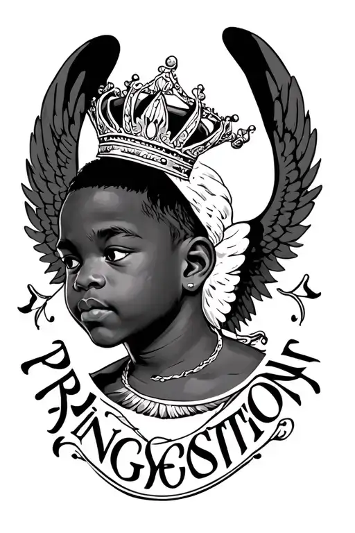 African boy Angel with crown with the name Princeton  tattoo design idea