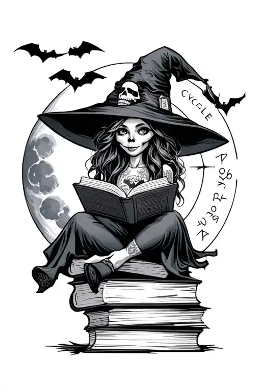 "Moon cycle behind the witch" cute witch sitting on a stack of books with a skull on the books and the witch is reading with bats in the sky and the  tattoo design idea