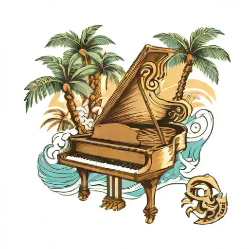 A traditional tattoo design of a grand piano with intricate sea-themed details, such as palm trees and swordfish tattoo design idea