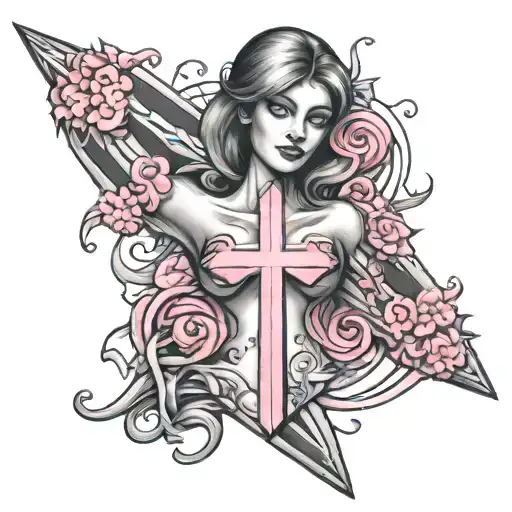 Boobs, nude, pink cross tattoo design idea