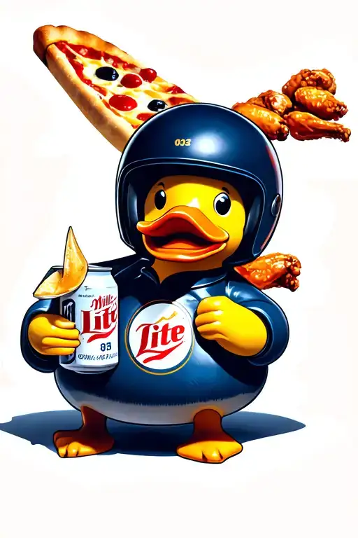 rubber duck holding a Miller lite beer can, pizza and chicken wings, the duck wearing the number 03, race car helmet tattoo design idea