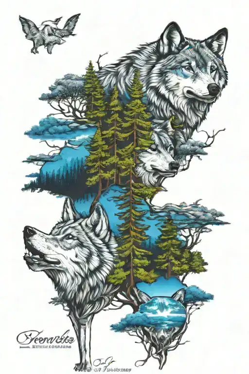 wolf in blue eyes howling forest scene tattoo design idea