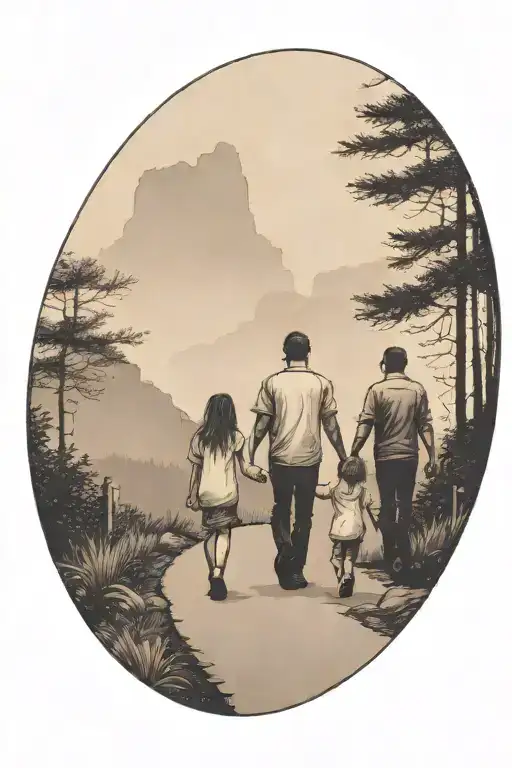 father in the middle holding hands with two small girls walking down the road with forest and cliffs in background tattoo design idea