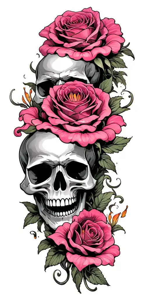 small skulls stacked with roses an Cala lilies growing out them pink clouds tattoo design idea