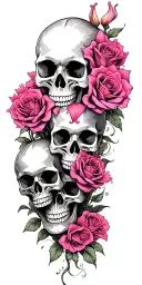 small skulls stacked with roses an Cala lilies growing out them pink clouds tattoo design idea