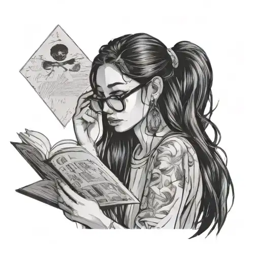 girl with long black hair and 00 gaged earrings and glasses reading book that covers face tattoo design idea