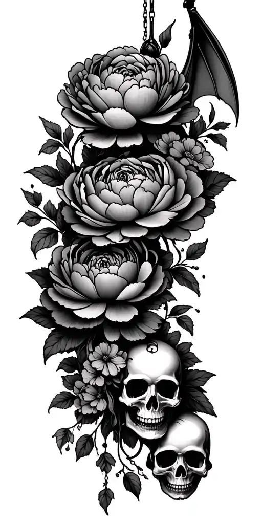 peonies wrapping around with a bat hanging upside down and one skull with crossbones  tattoo design idea