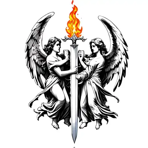 two angels with one flaming sword jn the middle tattoo design idea