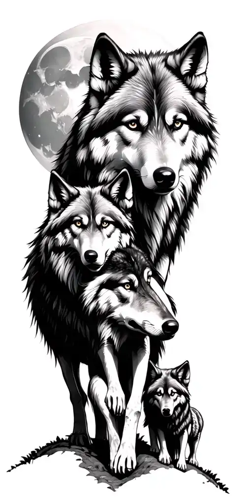 wolf father mother and two kids on a hill under the moon in forest scene tattoo design idea