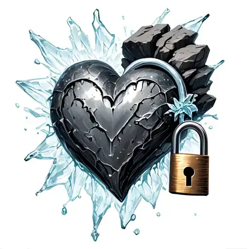 Heart made out of steel covered in stone with lock and ice forming on it tattoo design idea