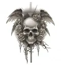 roses, crosses, skulls, angel wings, barbed wire, sun rays  tattoo design idea
