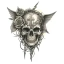 roses, crosses, skulls, angel wings, barbed wire, sun rays  tattoo design idea