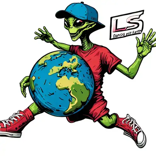 alien in big hightop shoes with baseball cap saying LS dancing with earth globe  tattoo design idea