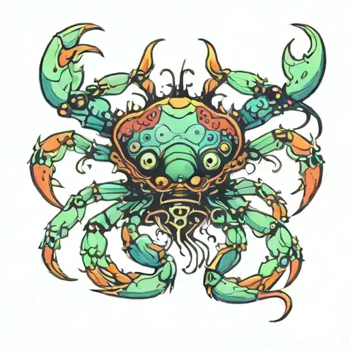 Giant trippy crab with bright vivid colors a giant slimy eyeball placed in the middle of its back top birds eye view tattoo design idea
