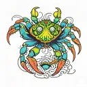 Giant trippy crab with bright vivid colors a giant slimy eyeball placed in the middle of its back top birds eye view tattoo design idea
