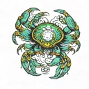 Giant trippy crab with bright vivid colors a giant slimy eyeball placed in the middle of its back top birds eye view tattoo design idea