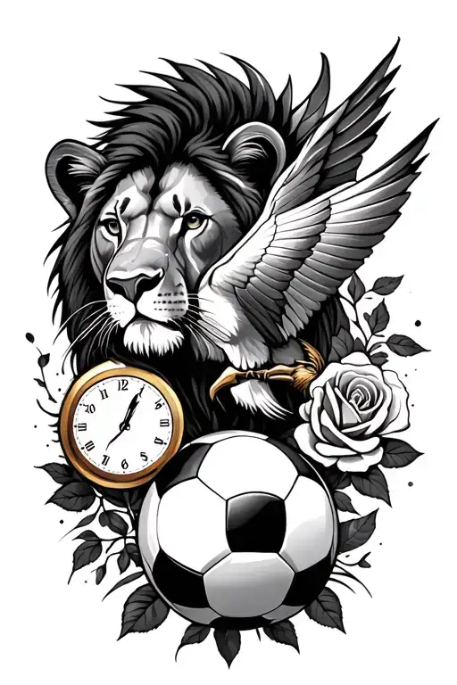 soccer, rose, lion, clock, bird tattoo design idea