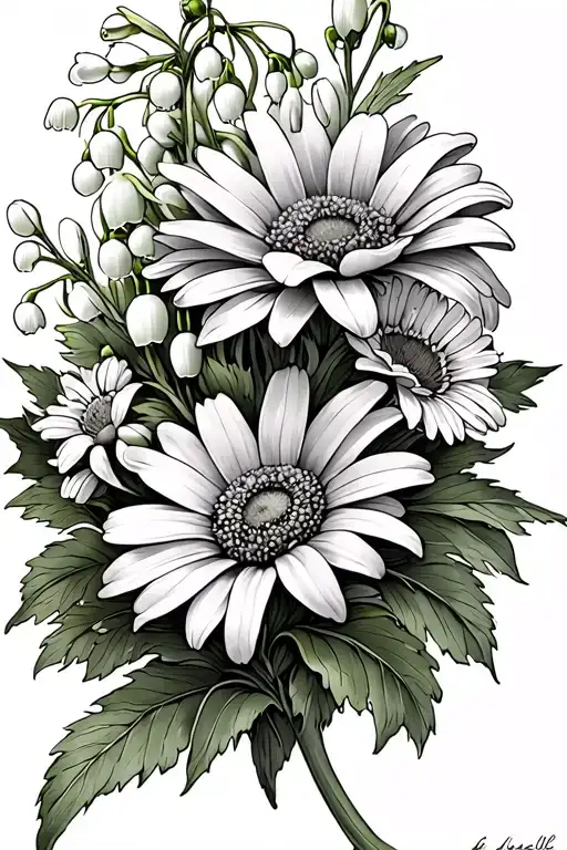flower tattoo of lily of the valley, chrysanthemum, daisy and larkspurs along forearm tattoo design idea