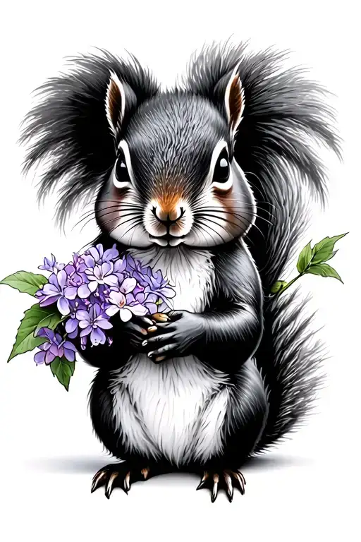 black and white squirrel holding lilac tattoo design idea