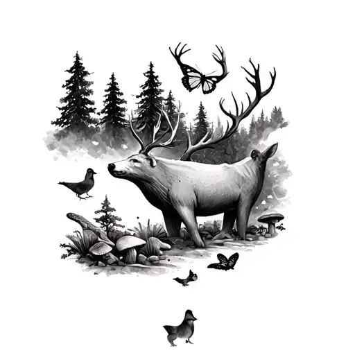 woodsy bear, deer, whale, butterfly, cardinal, and trees and mushrooms tattoo design idea