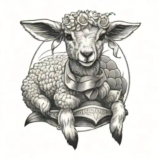 a cute lamb wearing a small bow and sitting on a turtle  tattoo design idea