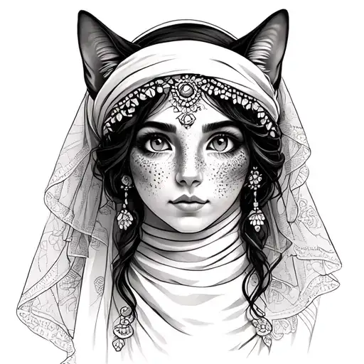 Arabe girl with veil and visible hair, jewelry on the forehead and head, cat eyes and freckles, frame of jasmines and Arab motifs tattoo design idea
