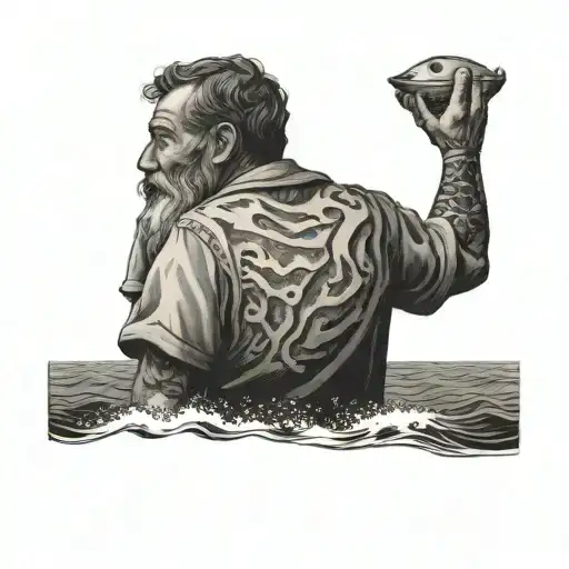 old seaman looking at the sea waves tattoo design idea