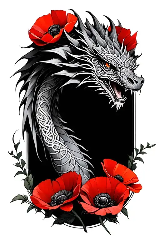 celtic dragon sureounded by red poppies tattoo design idea