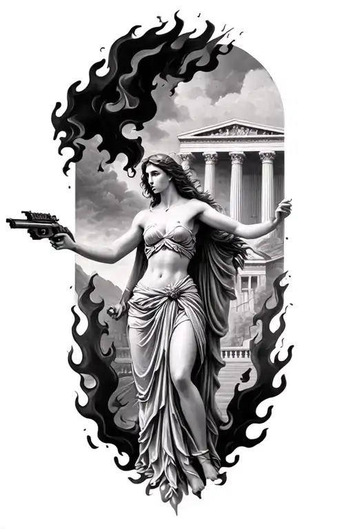 Artemis upper body shooting an error and surrounded  by black flames and Greek building in background  tattoo design idea