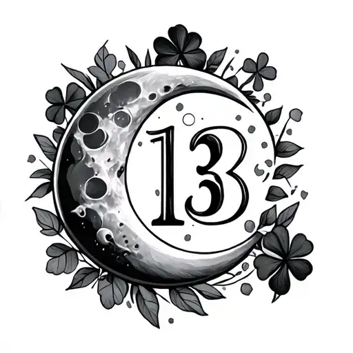 the number 13 with a moon, a five leaf clover, and a simple yet unique design tattoo design idea