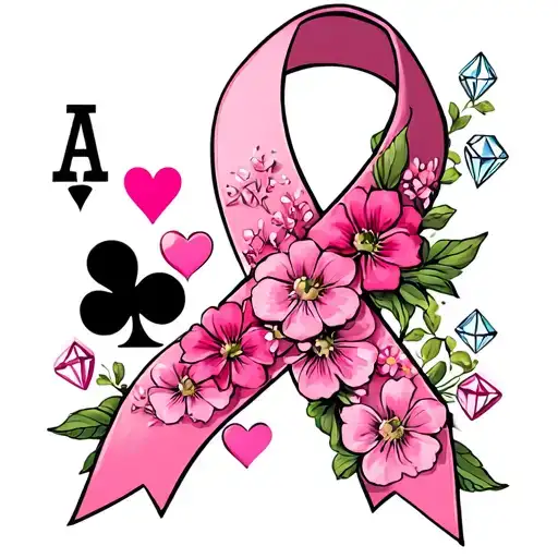 breast cancer ribbon intertwined with pink flowers, spades, hearts, diamonds, clubs, and milk chocolate tattoo design idea
