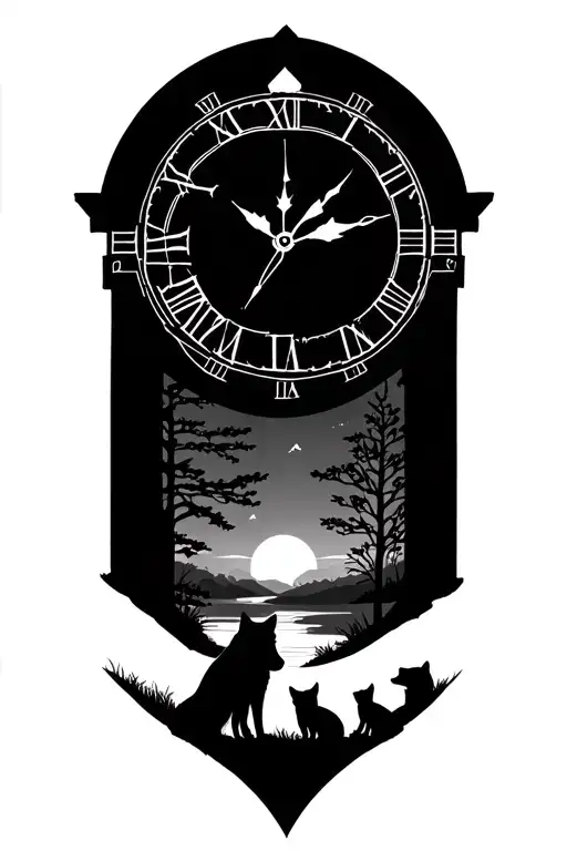 wolf with 2 cubs in a sunset woodland scene featuring a roman clock face tattoo design idea