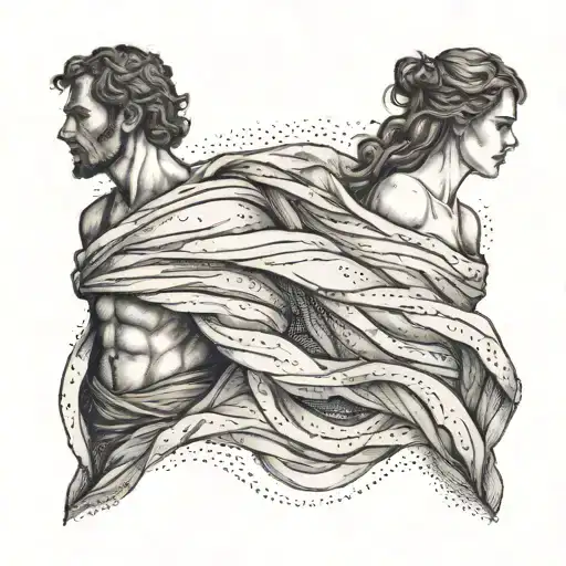 man and woman together with a blanket on in the middle of strong winds like a hurricane (dante's inferno) tattoo design idea