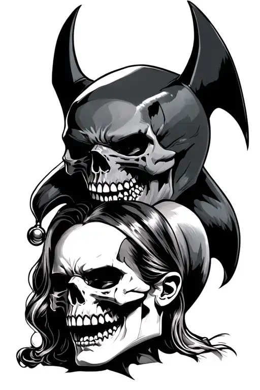 Make an image of Batman skull king shark skull and Harley Quinn skull representing hear no evil see no evil speak noevil tattoo design idea